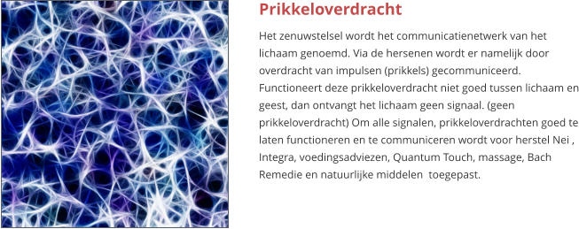 Prikkeloverdracht Het zenuwstelsel wordt het communicatienetwerk van het lichaam genoemd. Via de hersenen wordt er namelijk door overdracht van impulsen (prikkels) gecommuniceerd. Functioneert deze prikkeloverdracht niet goed tussen lichaam en geest, dan ontvangt het lichaam geen signaal. (geen prikkeloverdracht) Om alle signalen, prikkeloverdrachten goed te laten functioneren en te communiceren wordt voor herstel Nei , Integra, voedingsadviezen, Quantum Touch, massage, Bach Remedie en natuurlijke middelen  toegepast.