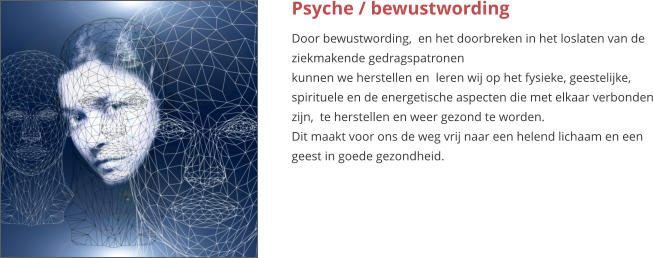 Psyche / bewustwording Door bewustwording,  en het doorbreken in het loslaten van de ziekmakende gedragspatronen kunnen we herstellen en  leren wij op het fysieke, geestelijke, spirituele en de energetische aspecten die met elkaar verbonden zijn,  te herstellen en weer gezond te worden. Dit maakt voor ons de weg vrij naar een helend lichaam en een geest in goede gezondheid.