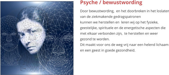 Psyche / bewustwording Door bewustwording,  en het doorbreken in het loslaten van de ziekmakende gedragspatronen kunnen we herstellen en  leren wij op het fysieke, geestelijke, spirituele en de energetische aspecten die met elkaar verbonden zijn,  te herstellen en weer gezond te worden. Dit maakt voor ons de weg vrij naar een helend lichaam en een geest in goede gezondheid.