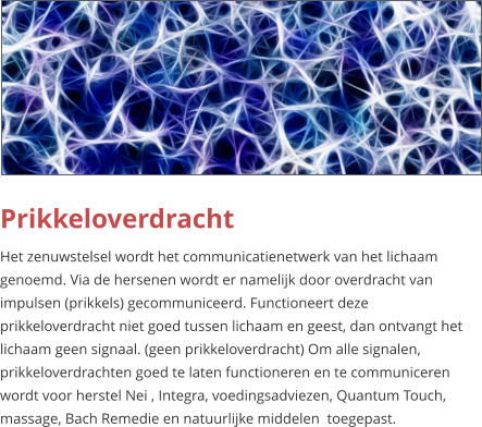 Prikkeloverdracht Het zenuwstelsel wordt het communicatienetwerk van het lichaam genoemd. Via de hersenen wordt er namelijk door overdracht van impulsen (prikkels) gecommuniceerd. Functioneert deze prikkeloverdracht niet goed tussen lichaam en geest, dan ontvangt het lichaam geen signaal. (geen prikkeloverdracht) Om alle signalen, prikkeloverdrachten goed te laten functioneren en te communiceren wordt voor herstel Nei , Integra, voedingsadviezen, Quantum Touch, massage, Bach Remedie en natuurlijke middelen  toegepast.