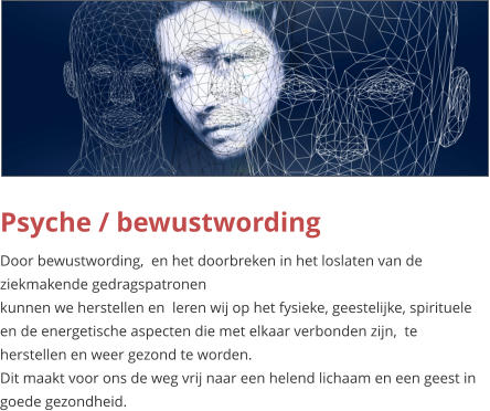 Psyche / bewustwording Door bewustwording,  en het doorbreken in het loslaten van de ziekmakende gedragspatronen kunnen we herstellen en  leren wij op het fysieke, geestelijke, spirituele en de energetische aspecten die met elkaar verbonden zijn,  te herstellen en weer gezond te worden. Dit maakt voor ons de weg vrij naar een helend lichaam en een geest in goede gezondheid.